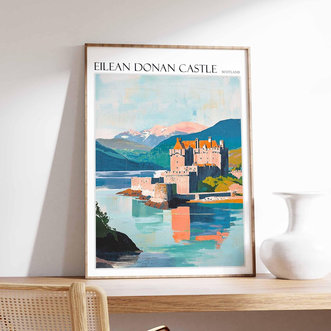 Eilean Donan Castle Scotland Calm Water Reflection Oil Painting Poster