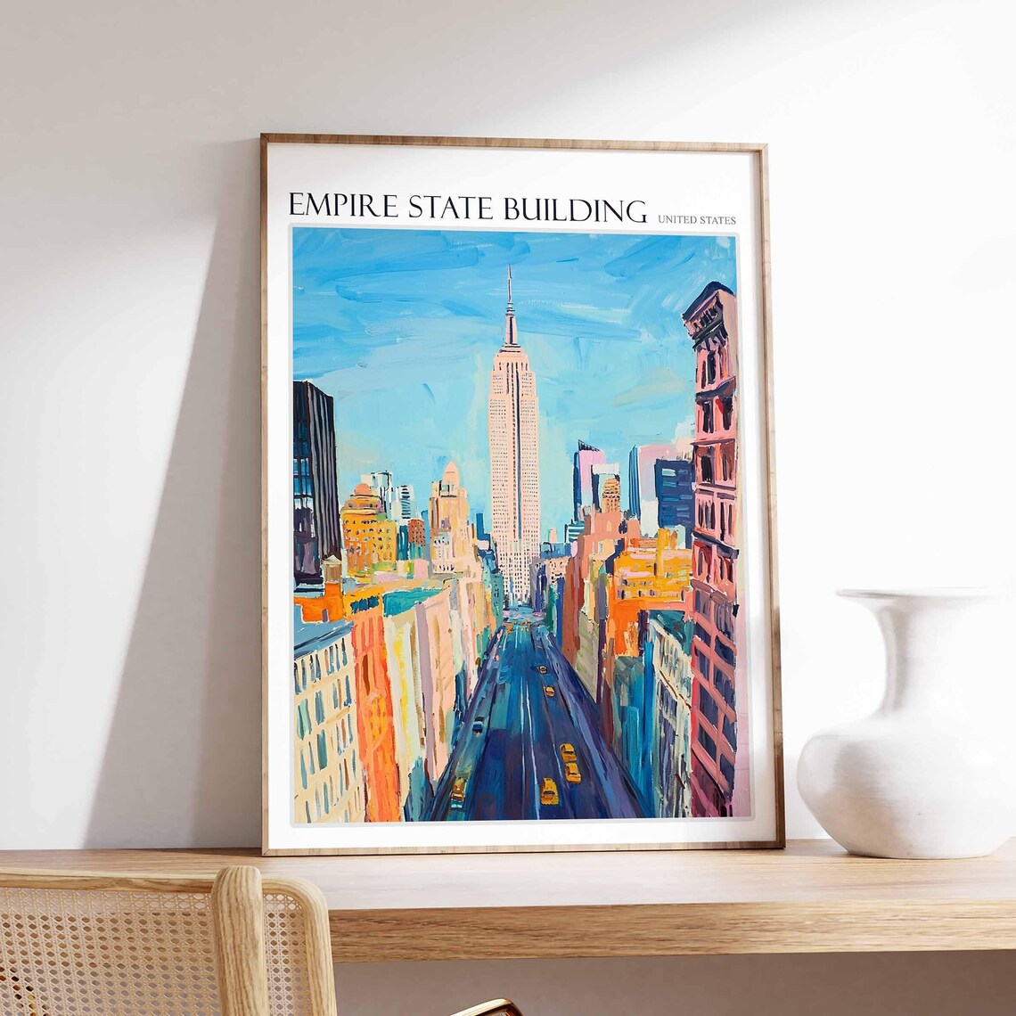 Empire State Building Yellow Taxis Fifth Avenue Oil Painting Poster