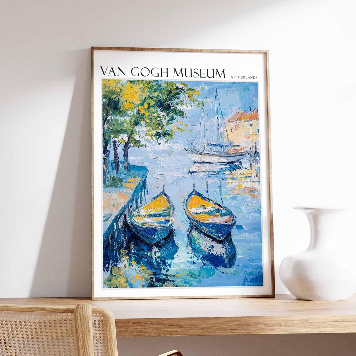 Van Gogh Museum Netherlands Moored Boats Calm Water Painting Poster