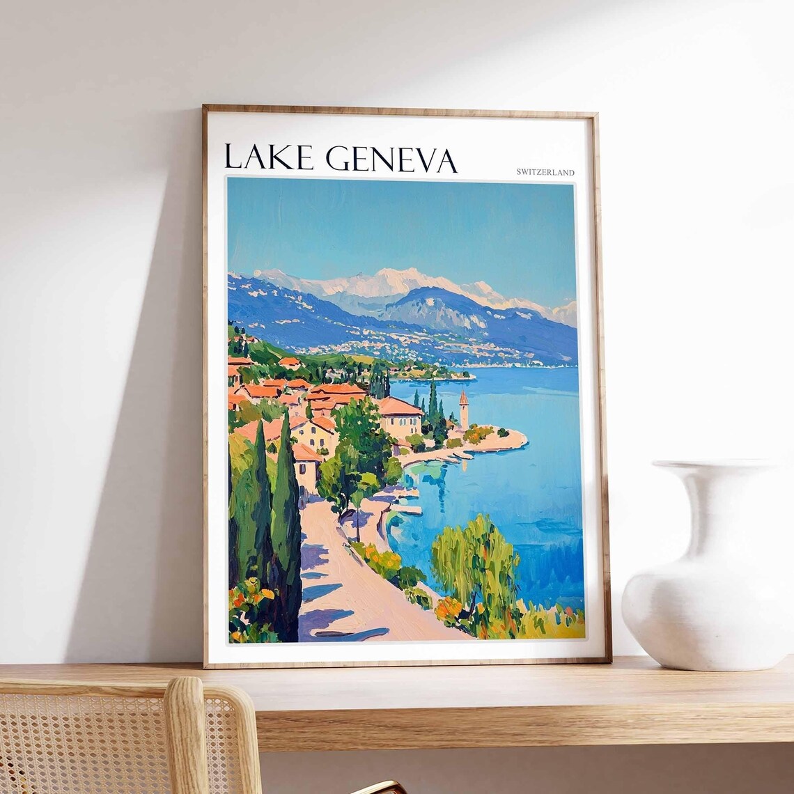 Lake Geneva Switzerland Cypress Lined Lakeside Road Poster Art