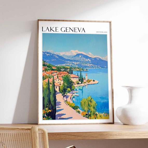 Lake Geneva Poster Switzerland Travel Print Swiss Decor Europe Travel Poster European Wall Art Lake Geneva Travel Poster