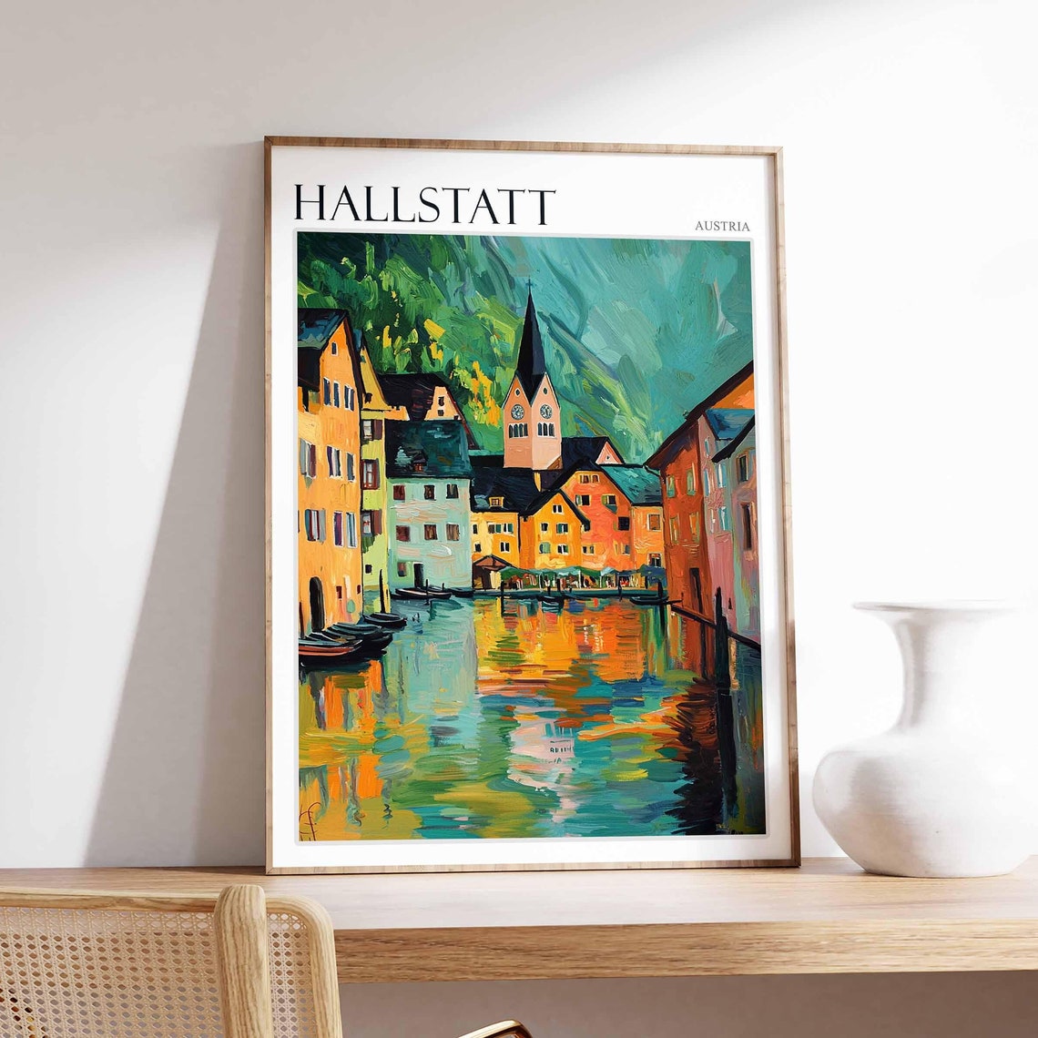 Hallstatt Austria Canal Boats Church Tower Reflection Travel Poster