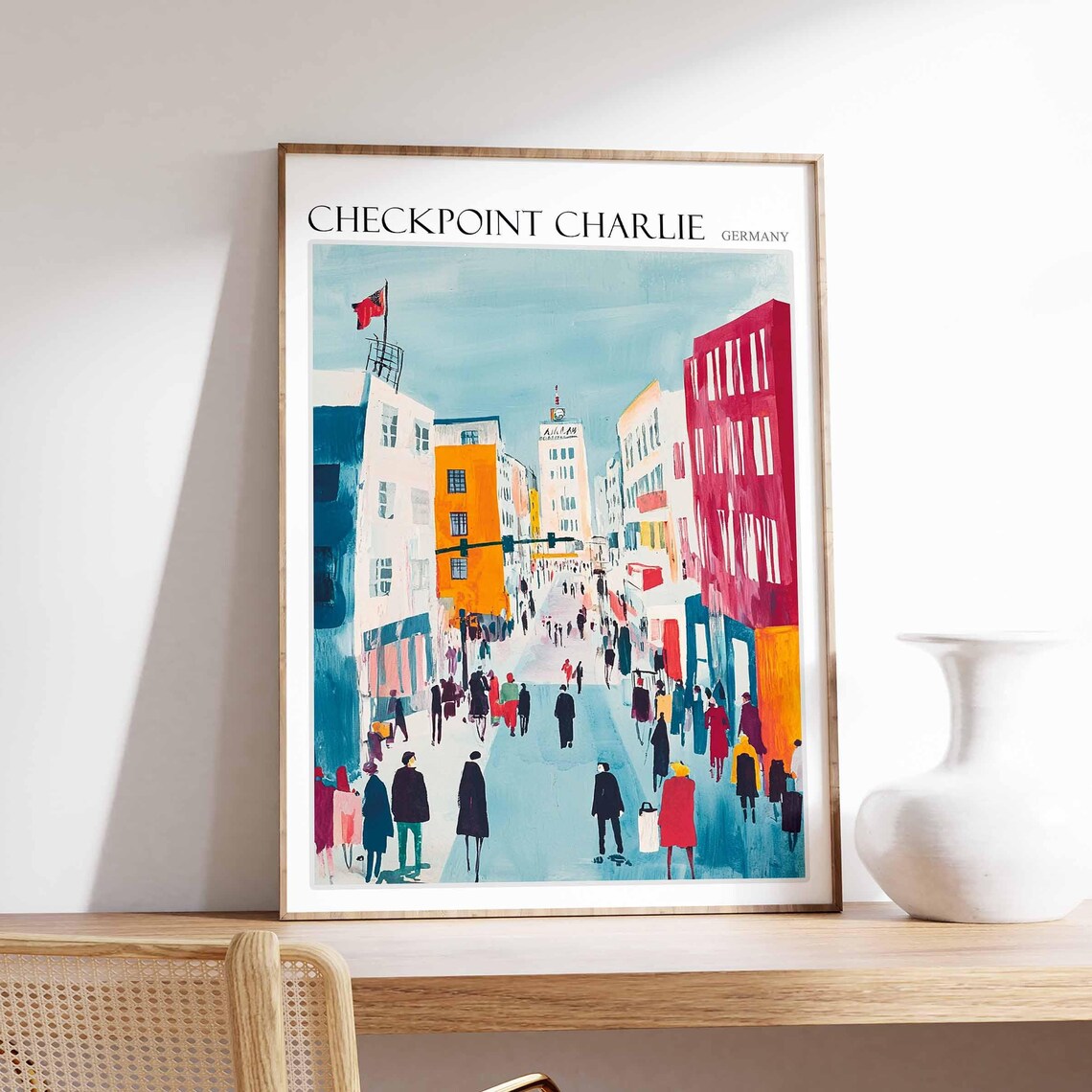 Checkpoint Charlie Berlin Crowded Street and Flags Painting Poster