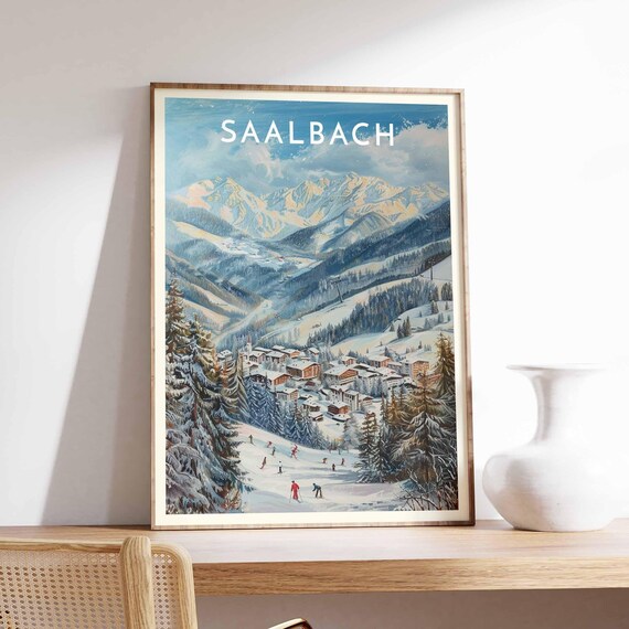 Saalbach Austria Watercolor Skiers Between Pine Trees Poster