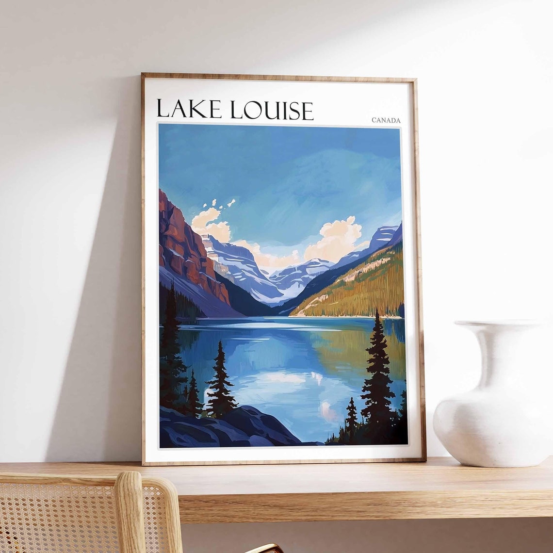 Lake Louise Canada Towering Peaks Clouds Pine View Travel Poster