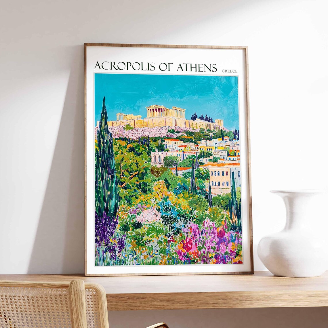Acropolis Of Athens Greece Parthenon Gardens Colorful Travel Poster
