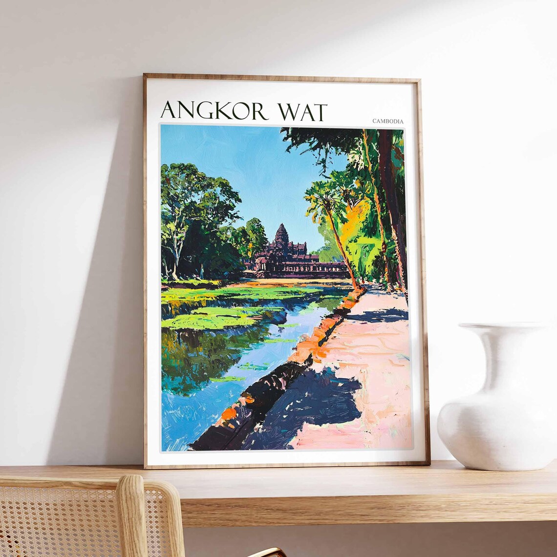 Angkor Wat Cambodia Jungle Causeway Serene Painting Travel Poster