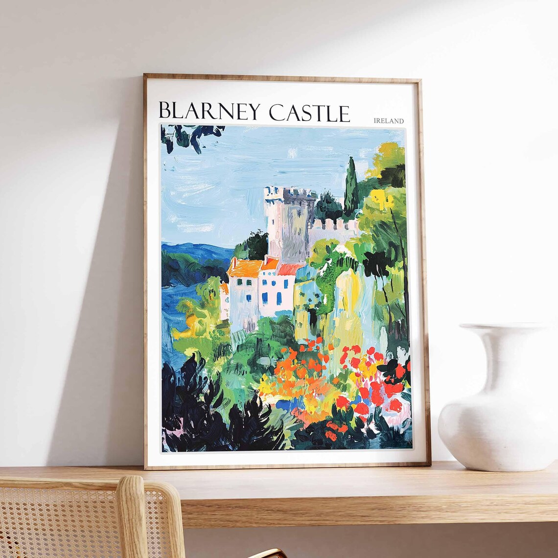Blarney Castle Ireland Tower With Orange Roofs and Flowers Poster