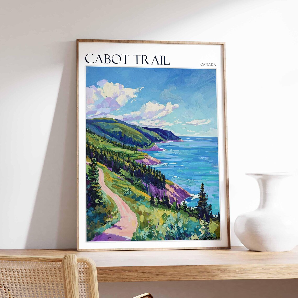 Cabot Trail Canada Lush Green Hillside Trail Ocean Scene Poster