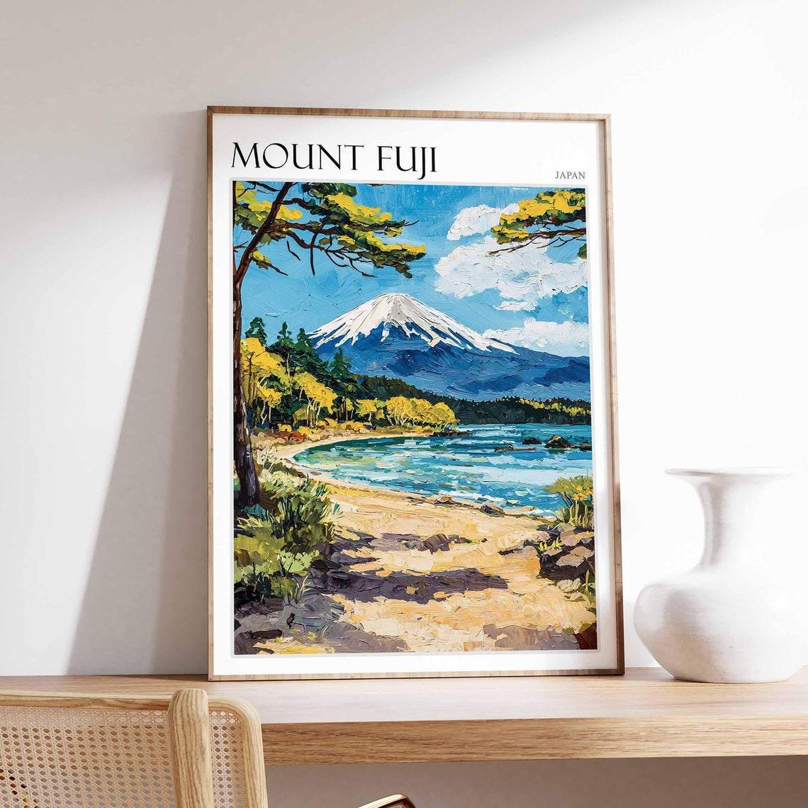 Mount Fuji Japan Pine Framed Sunny Shoreline Summer Travel Poster