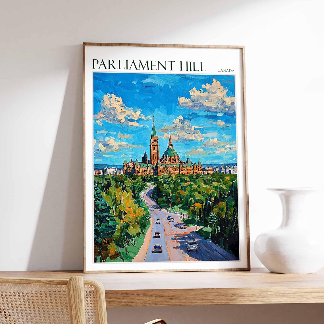 Parliament Hill Canada Summer Road Cars Green Trees Painting Poster