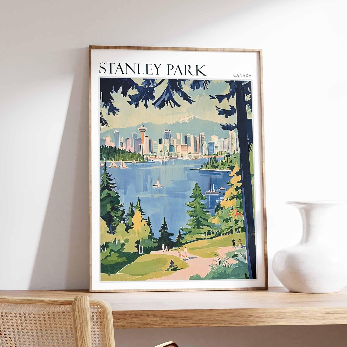 Stanley Park Vancouver Pine Trees Harbor Skyline View Travel Poster