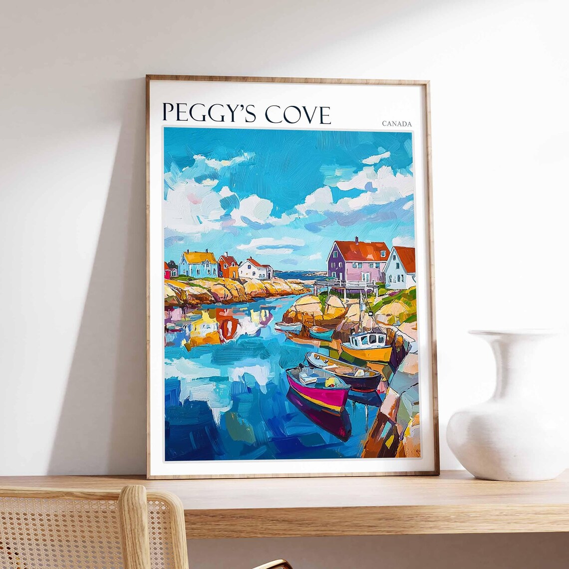 Peggy's Cove Canada Harbour with Moored Boats and Rocky Shore Poster