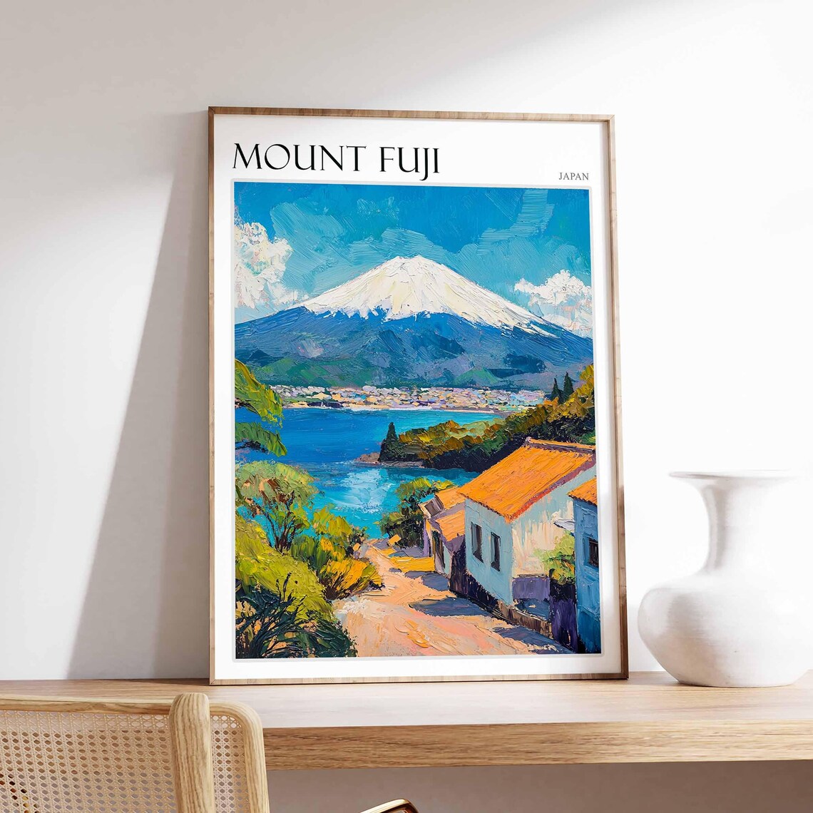 Mount Fuji Japan Village Lane Terracotta Roofs Lake Art Poster
