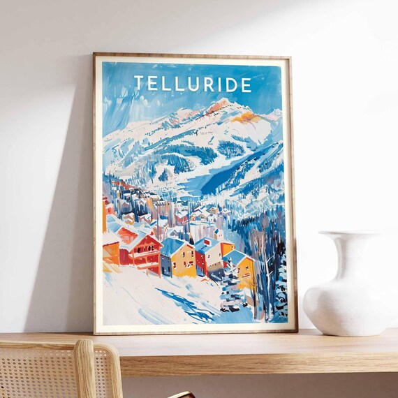 Telluride Vivid Blue Mountains Above Red Orange Chalets Poster