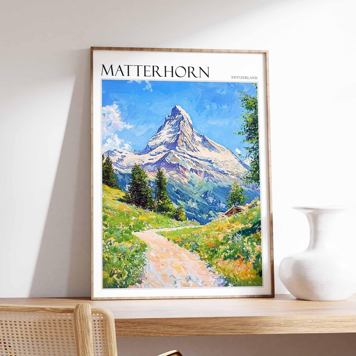 Matterhorn Switzerland Meadow Path Alpine Hut Wildflower Art Poster