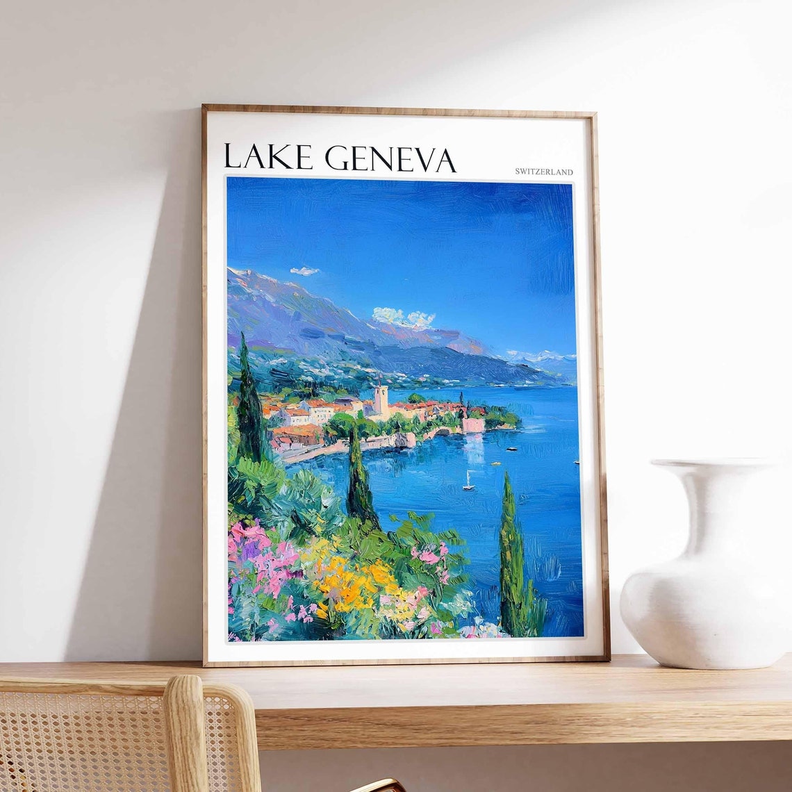 Lake Geneva Poster Switzerland Travel Print Swiss Decor Europe Travel Poster European Wall Art Lake Geneva Travel Poster
