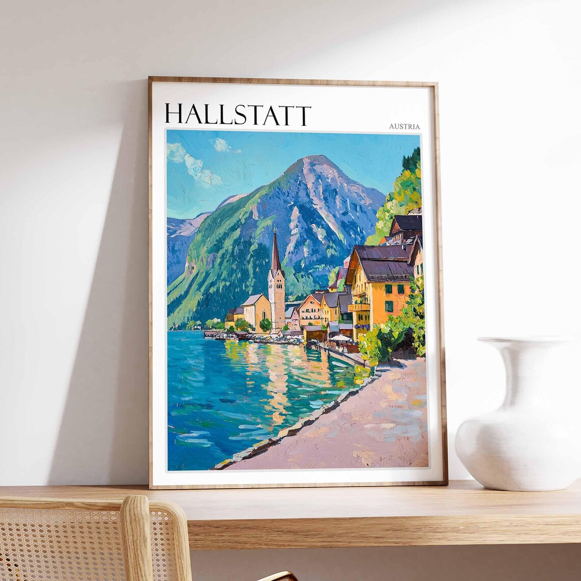 Hallstatt Austria Sunny Lakeside Path Church Mountain View Poster