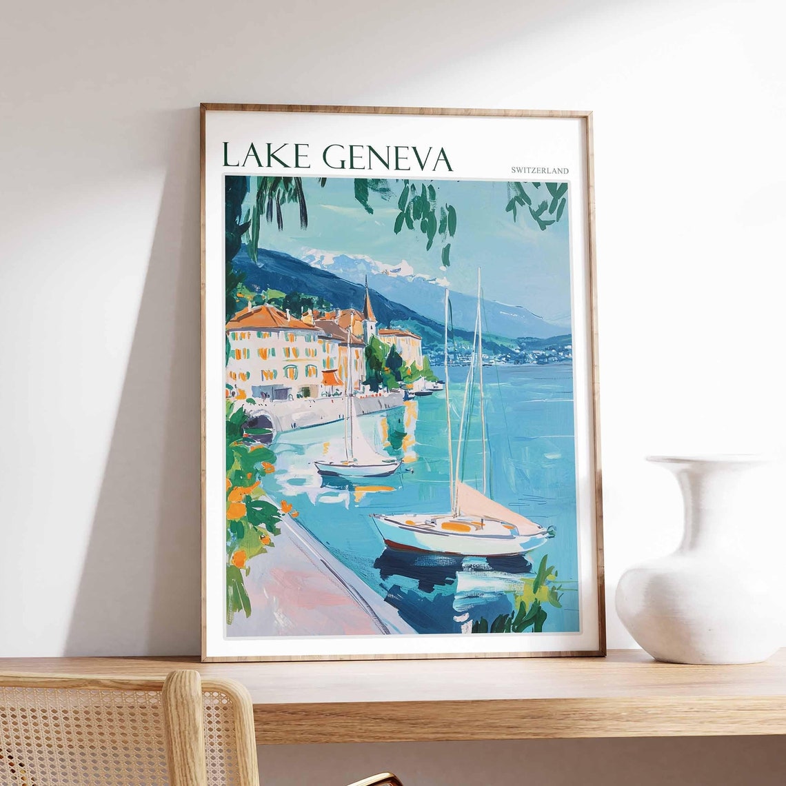 Lake Geneva Poster Switzerland Travel Print Swiss Decor Europe Travel Poster European Wall Art Lake Geneva Travel Poster