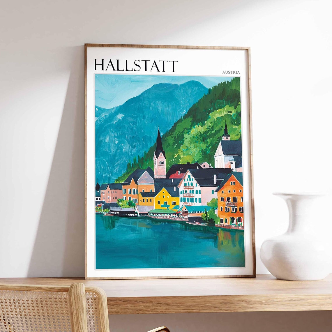 Hallstatt Austria Colorful Village Houses Gouache Travel Poster