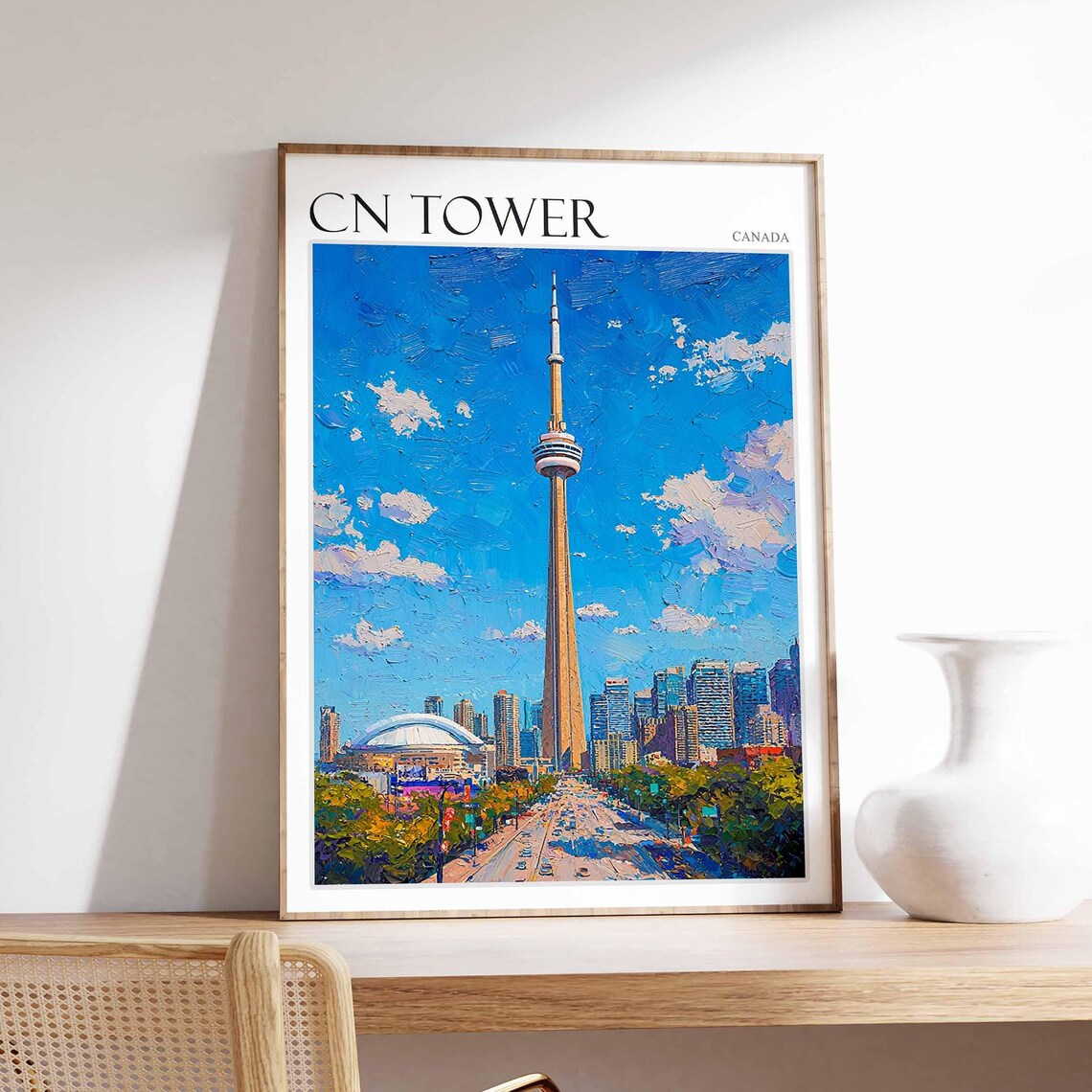 CN Tower Canada Toronto Autumn Trees Close View Oil Painting Poster