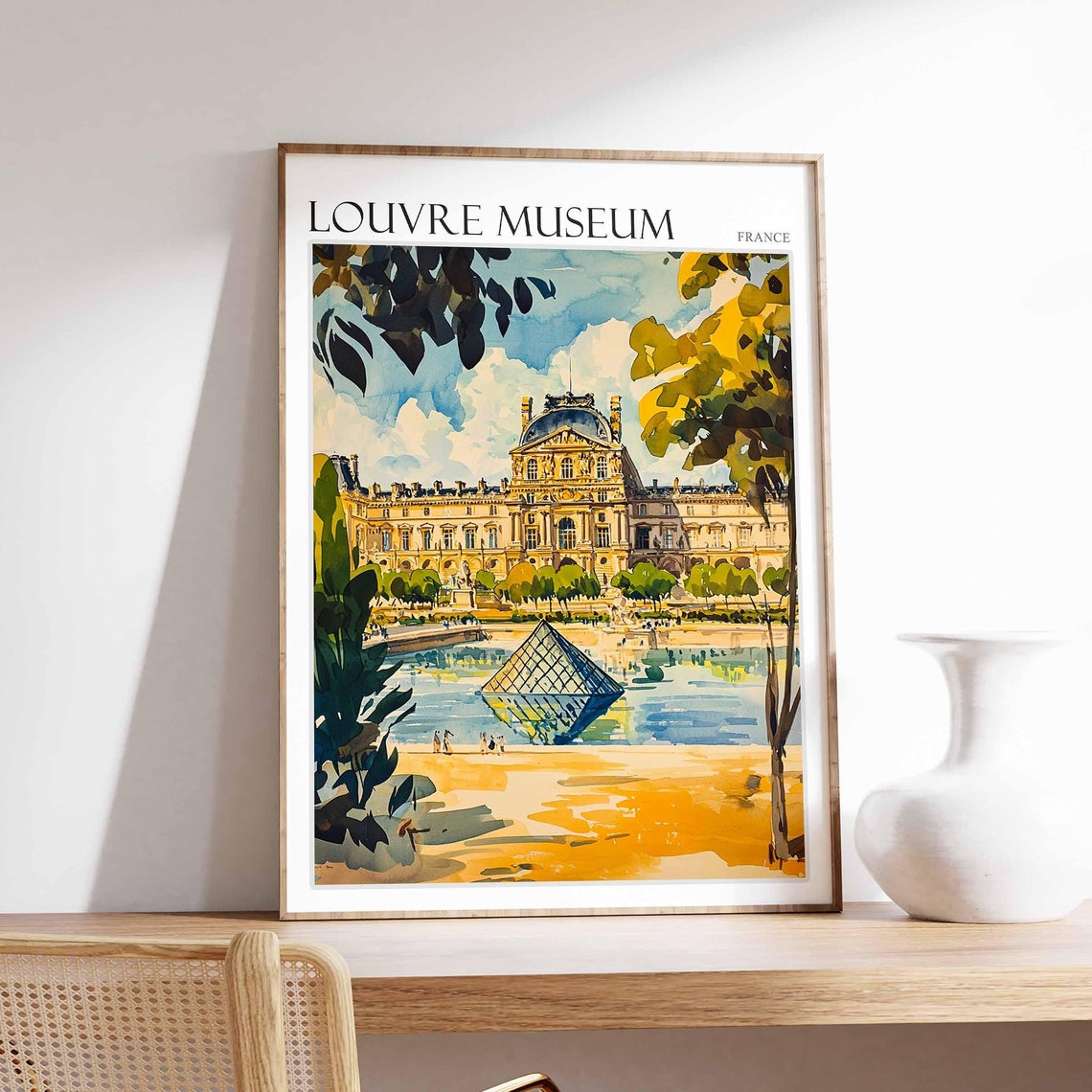 Louvre Museum Glass Pyramid Pond Golden Watercolor Art Poster