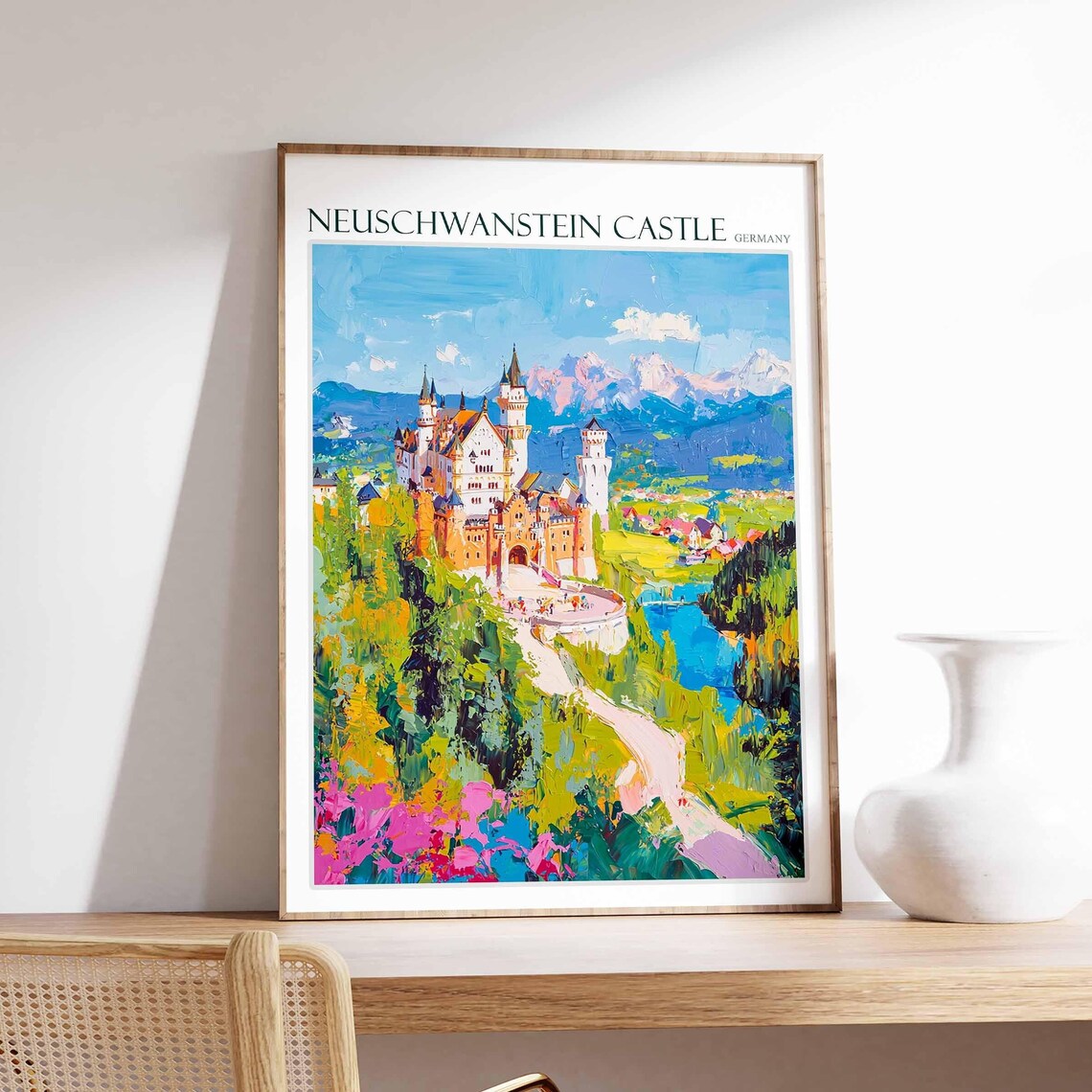 Neuschwanstein Castle Pink Flowers Mountains Oil Painting Poster