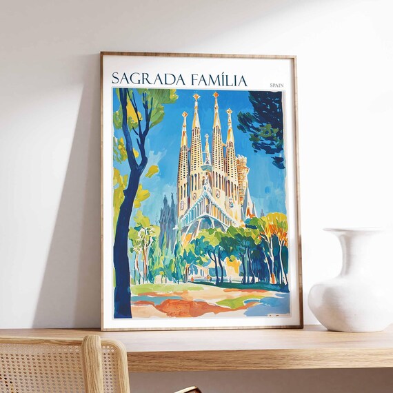 Sagrada Famlia Poster Sagrada Famlia Travel Print Spain Wall Art Spanish Travel Print Tropical Decor Botanical Print Spain Gift