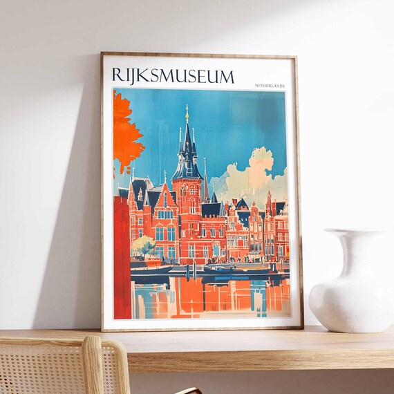 Rijksmuseum Amsterdam Canal Reflection Orange Facade Art Poster