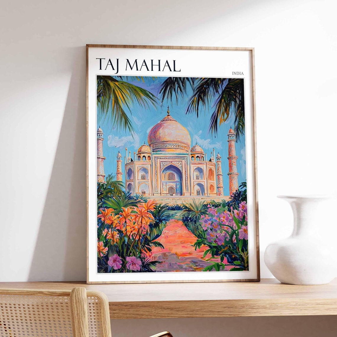 Taj Mahal Palm Trees Framing Tropical Flower Garden Art Poster