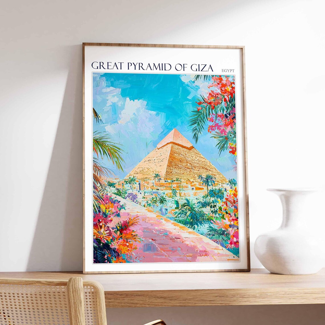 Great Pyramid of Giza Egypt Floral Path Painting Scene Poster