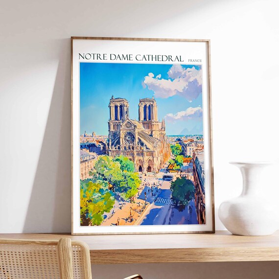 Notre Dame Cathedral Poster Notre Dame Cathedral Travel Print France Travel Poster Tropical Decor Travel Gift Floral Print