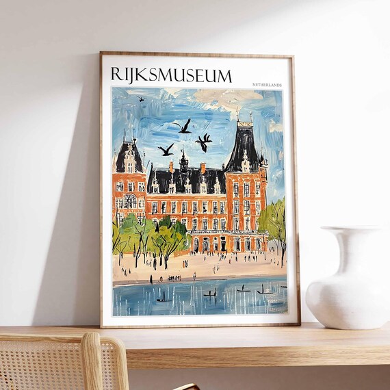 Rijksmuseum Amsterdam Flying Birds Waterfront Sky Painting Poster