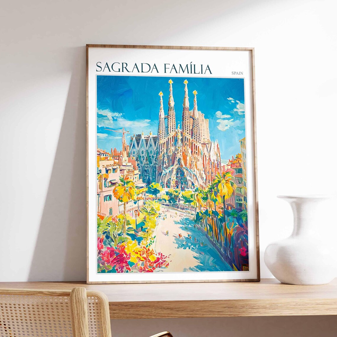 Sagrada Familia Barcelona Palm Plaza Bright Day Spain Travel Poster