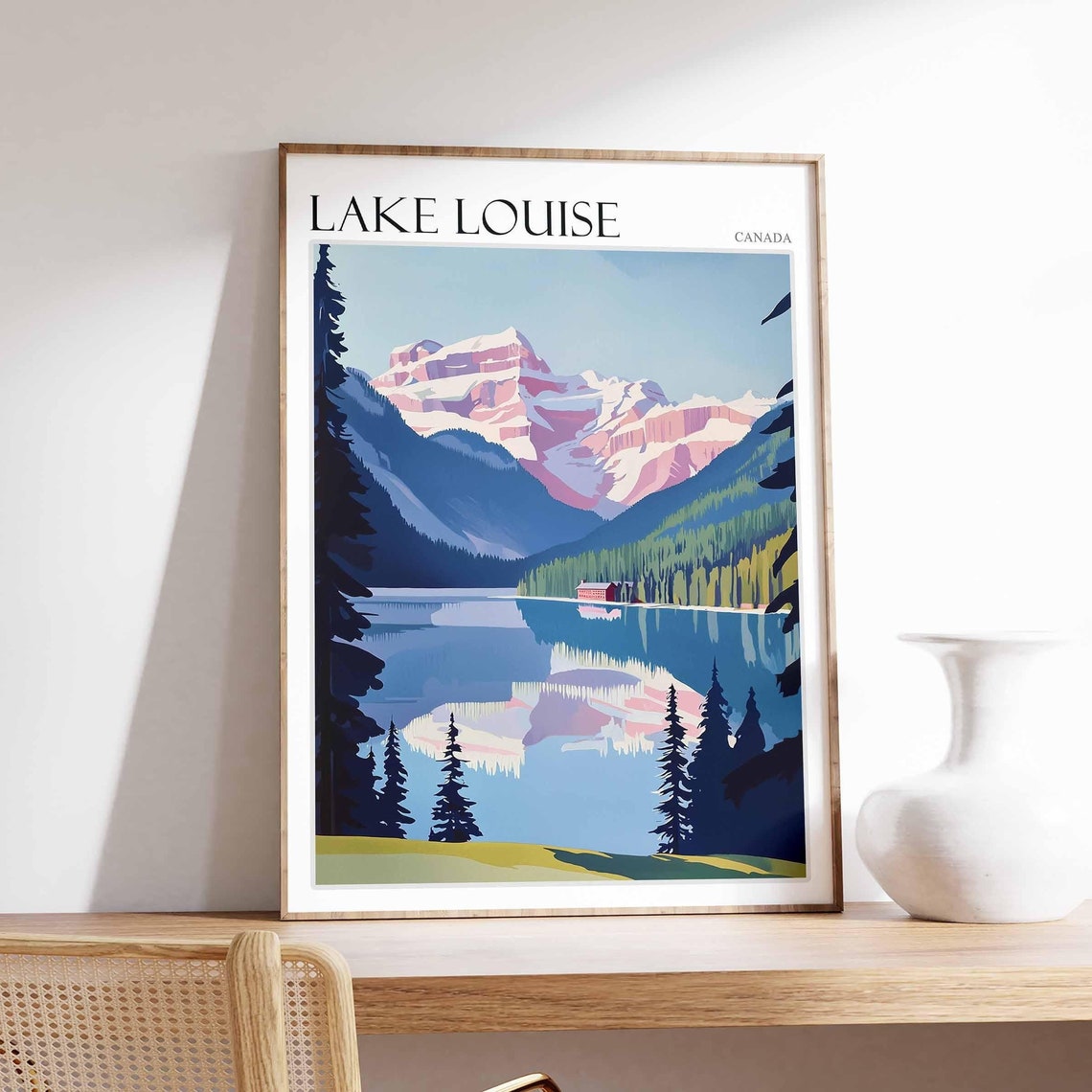 Lake Louise Canada Mirror Peaks Tiny Boathouse Pine Shore Poster
