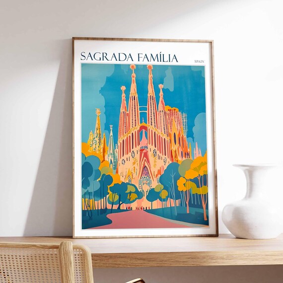 Sagrada Famlia Poster Sagrada Famlia Travel Print Spain Wall Art Spanish Travel Print Tropical Decor Botanical Print Spain Gift