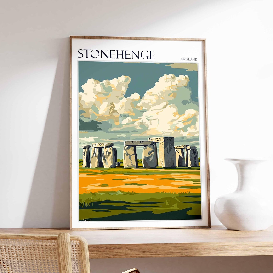 Stonehenge England Vintage Flat Style Dramatic Clouds Poster