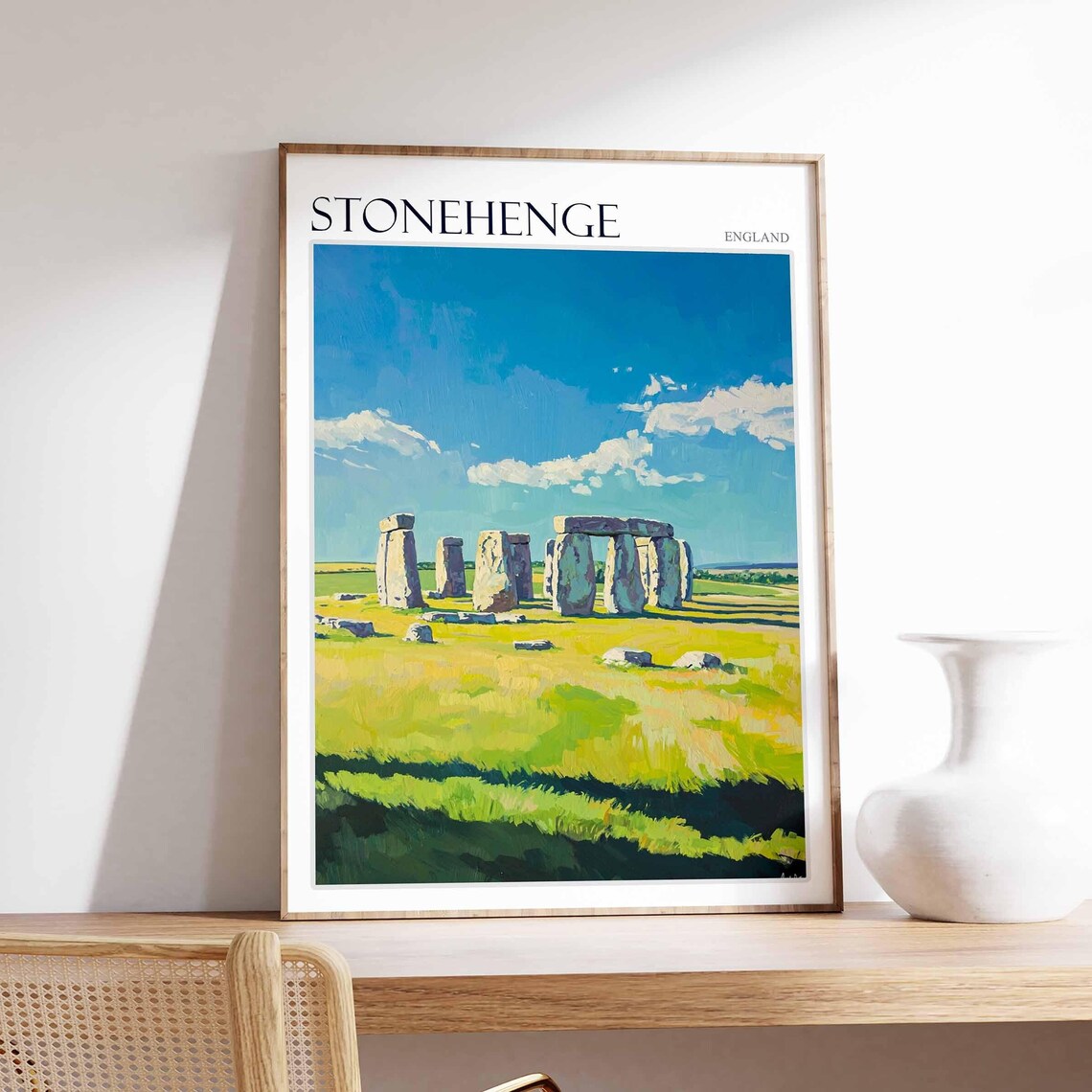 Stonehenge England White Clouds Golden Meadow Artistic Poster