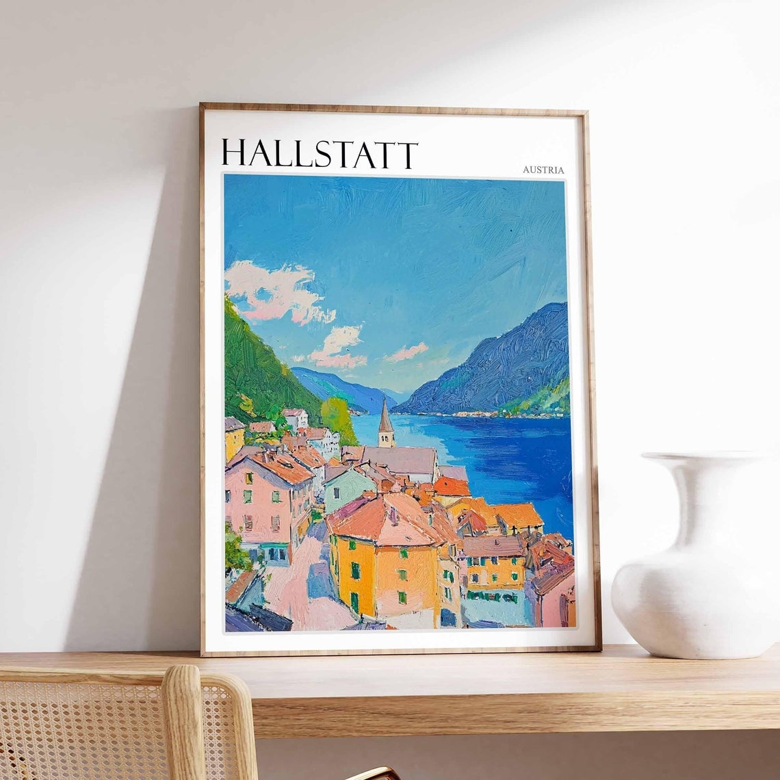 Hallstatt Austria Sunny Rooftops Over Blue Lake Painting Poster