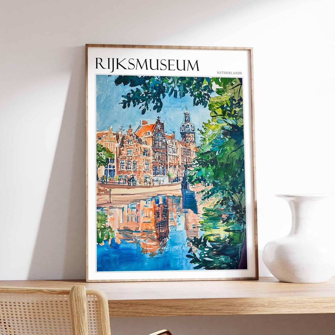 Rijksmuseum Netherlands Watercolor Canal Reflection Travel Poster