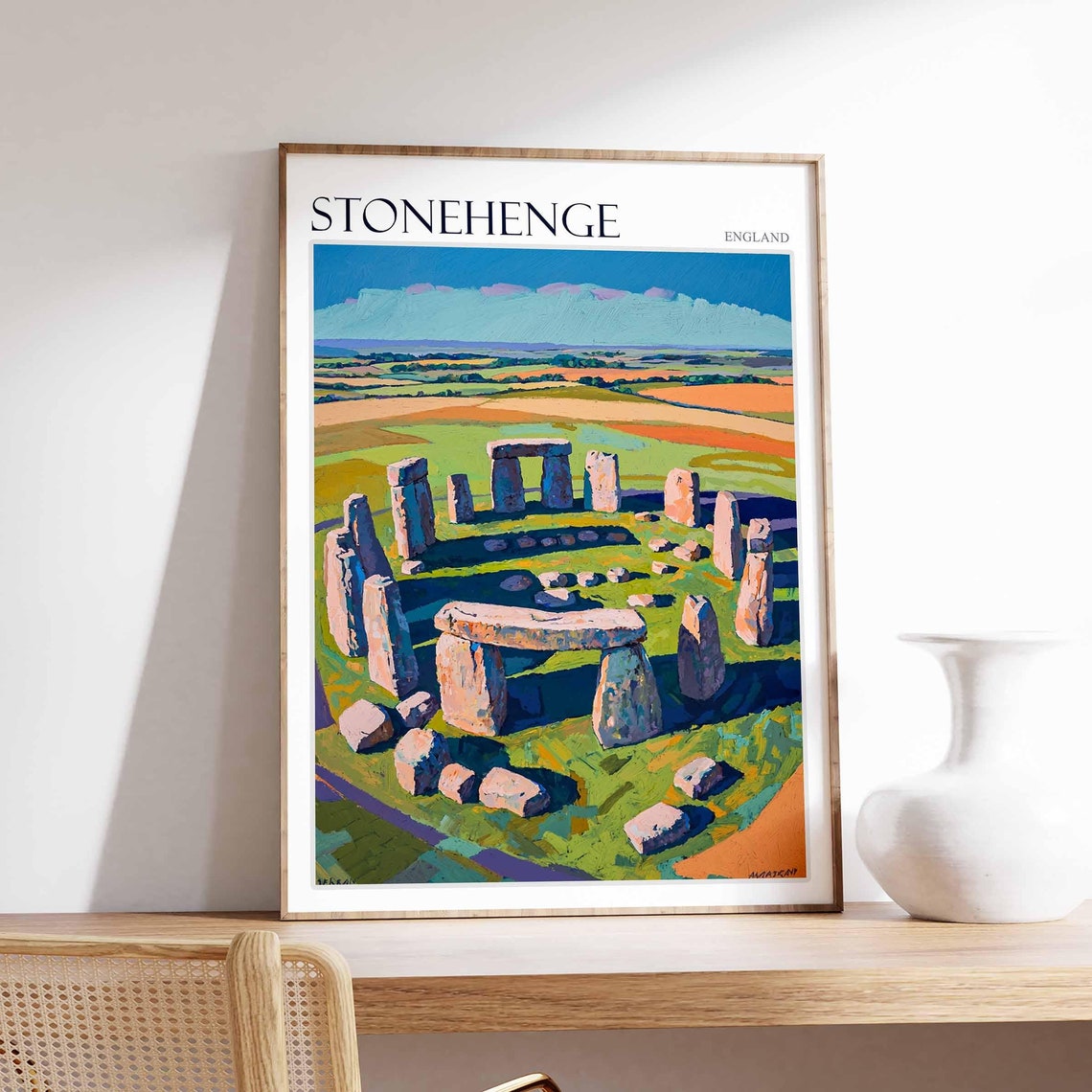 Stonehenge England Aerial Circle Patchwork Fields Painted Poster