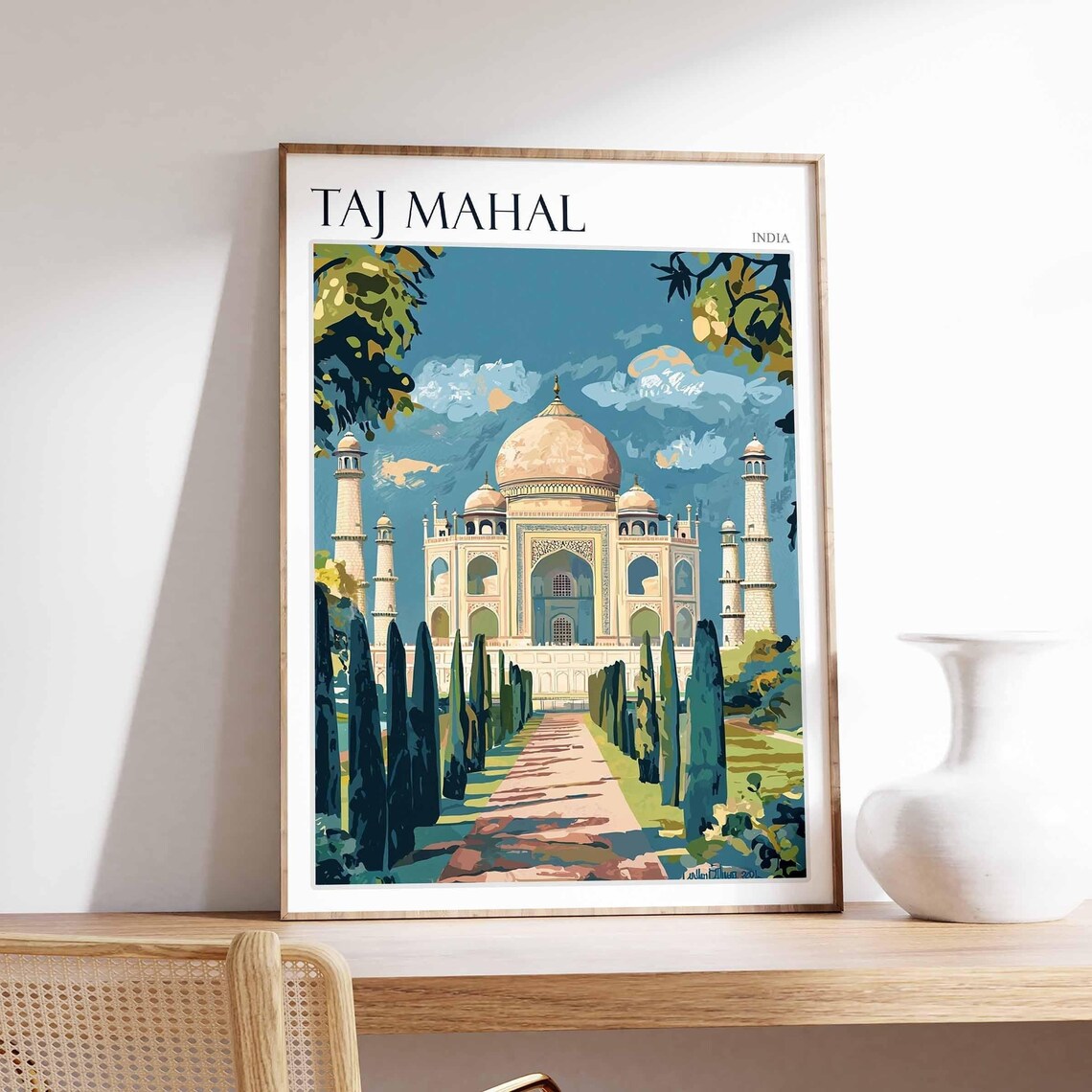 Taj Mahal India Blue Sky Cypress Lined Path Travel Art Poster
