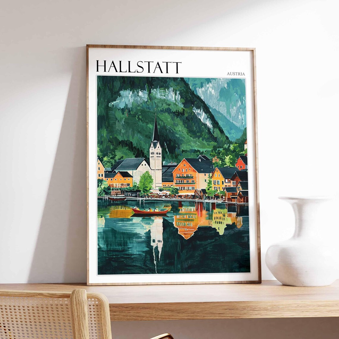 Hallstatt Austria Watercolor Red Boat Lake View Travel Poster