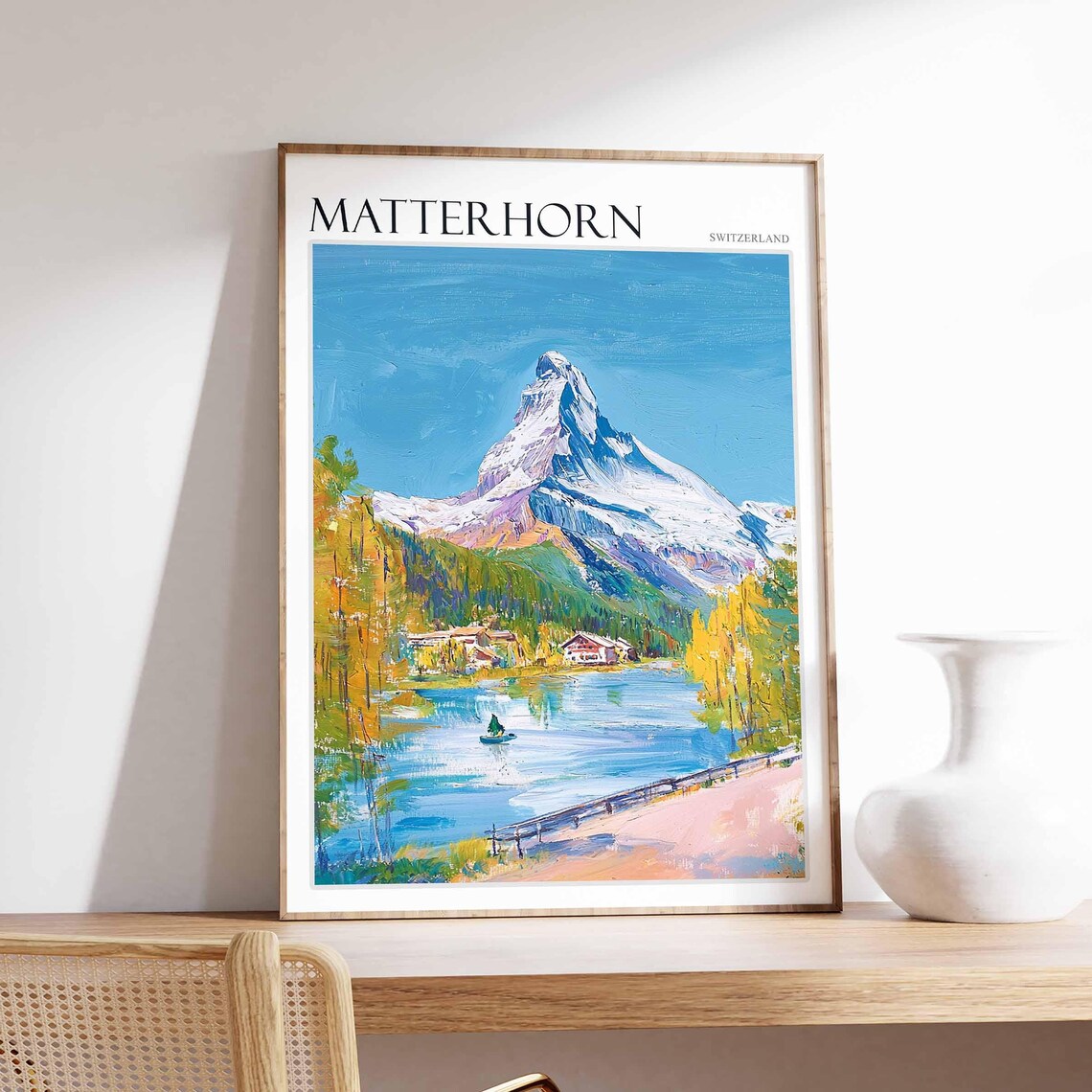 Matterhorn Switzerland Lake Rowboat Autumn Trees Water Art Poster