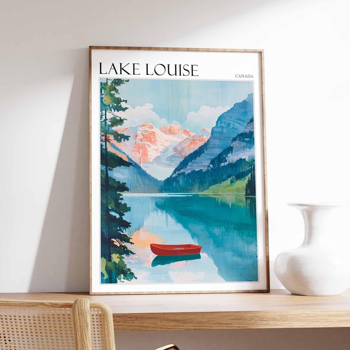 Lake Louise Canada Red Canoe Turquoise Lake Coral Peaks Poster