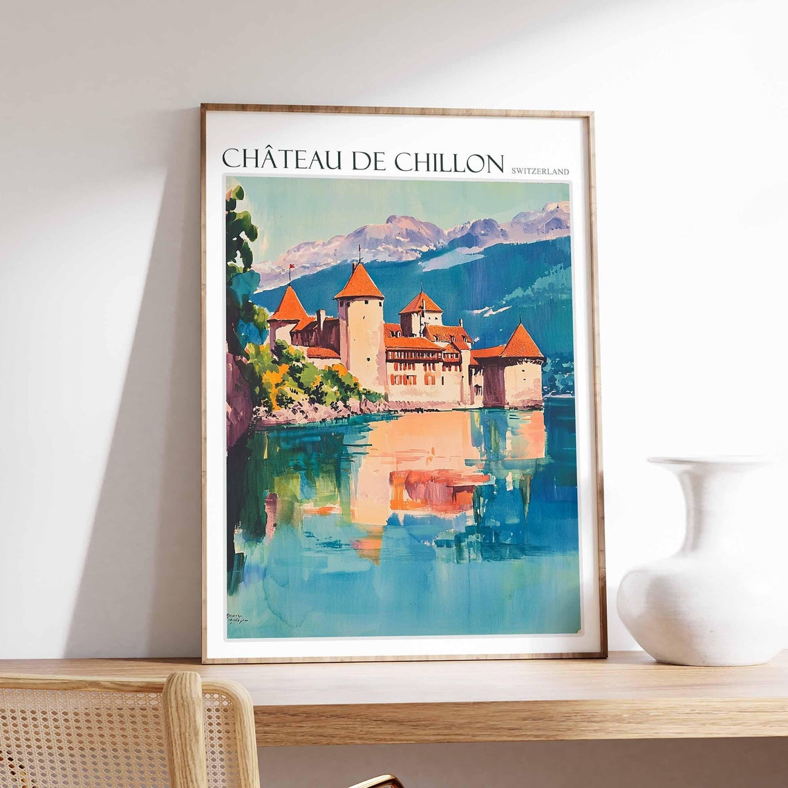 Chateau de Chillon Switzerland Castle Lake Reflection Painting Poster