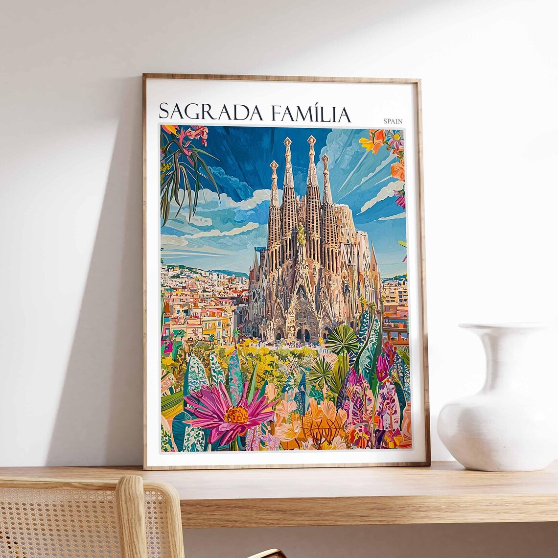 Sagrada Familia Spain City Panorama Colorful Garden Art Poster