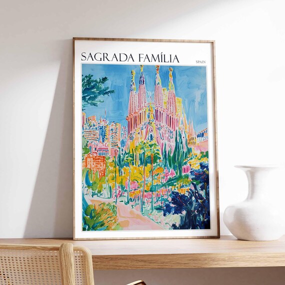 Sagrada Famlia Poster Sagrada Famlia Travel Print Spain Wall Art Spanish Travel Print Tropical Decor Botanical Print Spain Gift
