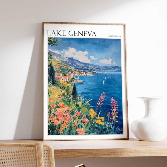 Lake Geneva Poster Switzerland Travel Print Swiss Decor Europe Travel Poster European Wall Art Lake Geneva Travel Poster