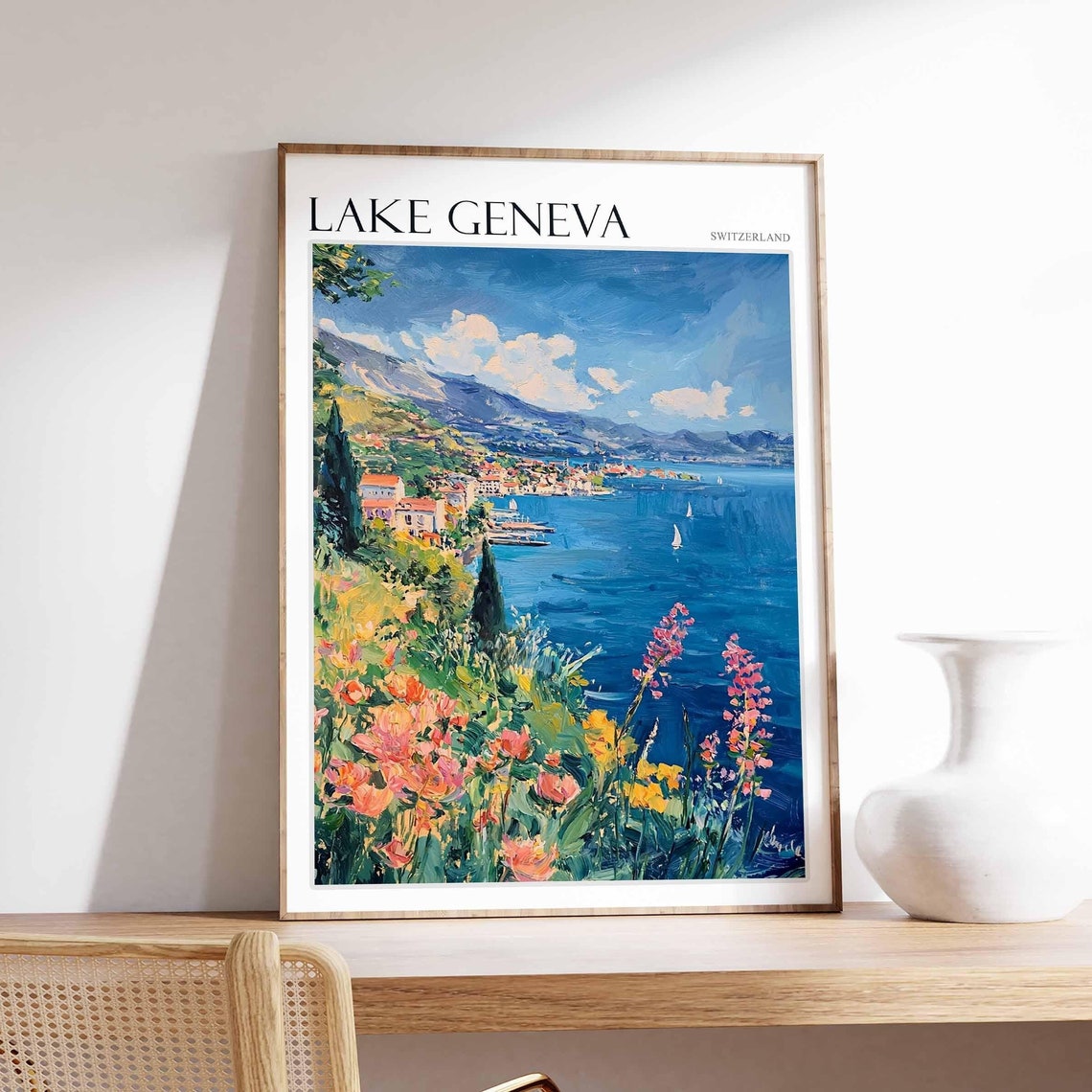 Lake Geneva Poster Switzerland Travel Print Swiss Decor Europe Travel Poster European Wall Art Lake Geneva Travel Poster